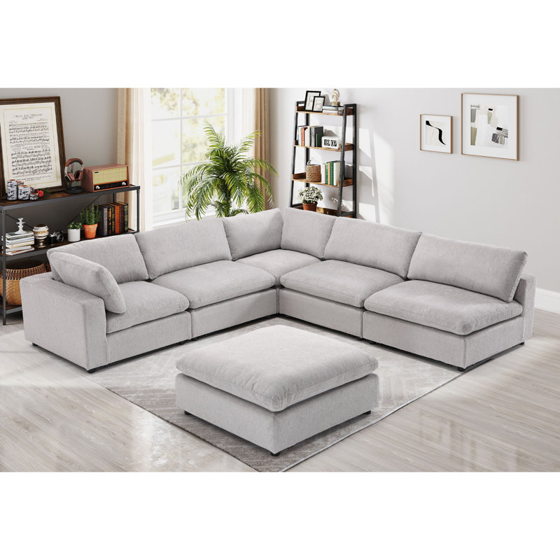 6 Piece Chenille Upholstered Modular Sectional With Ottoman